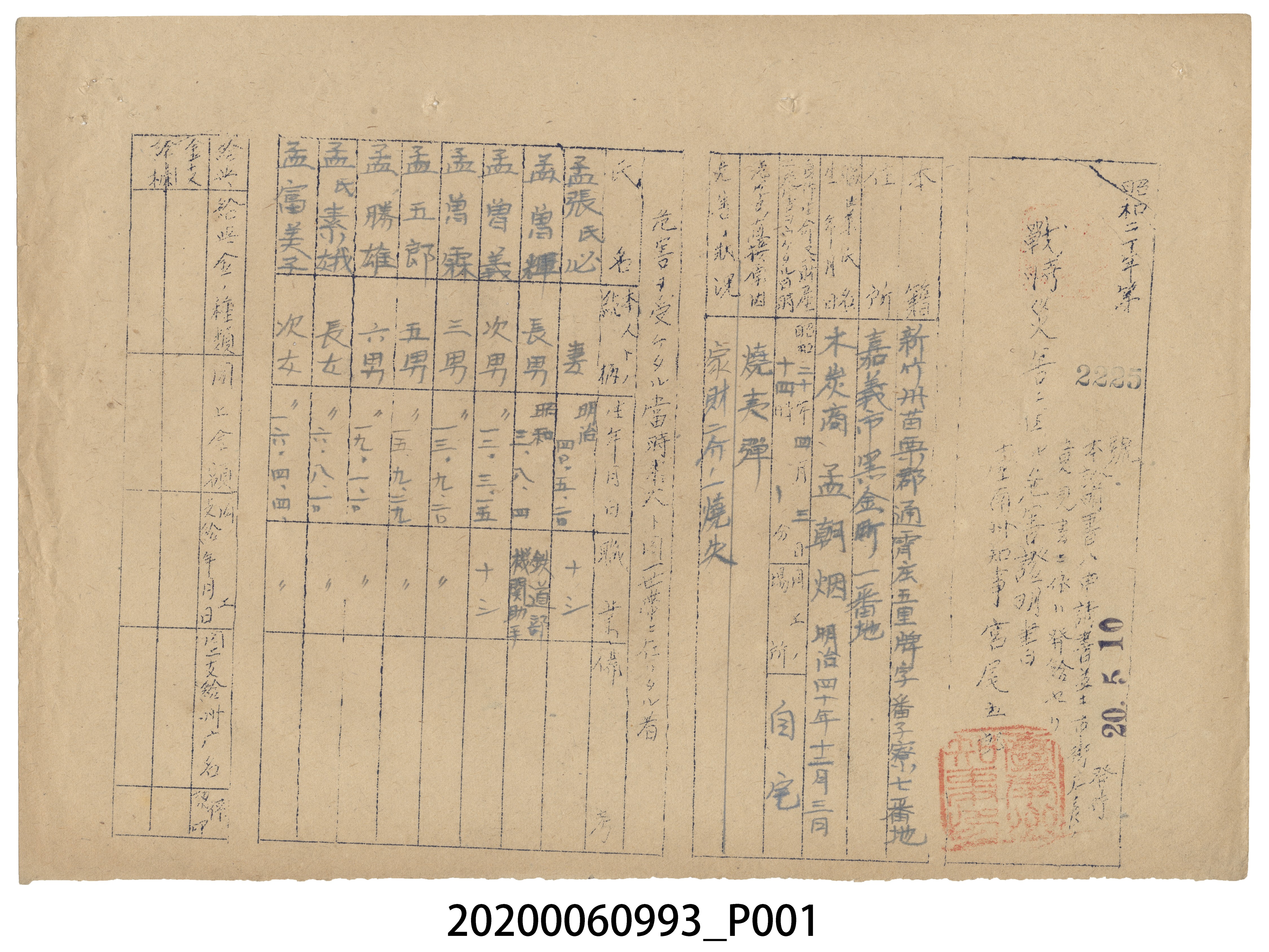 戰時造成的意外災害證明書第2225號（昭和20年5月10日發行） (共3張)