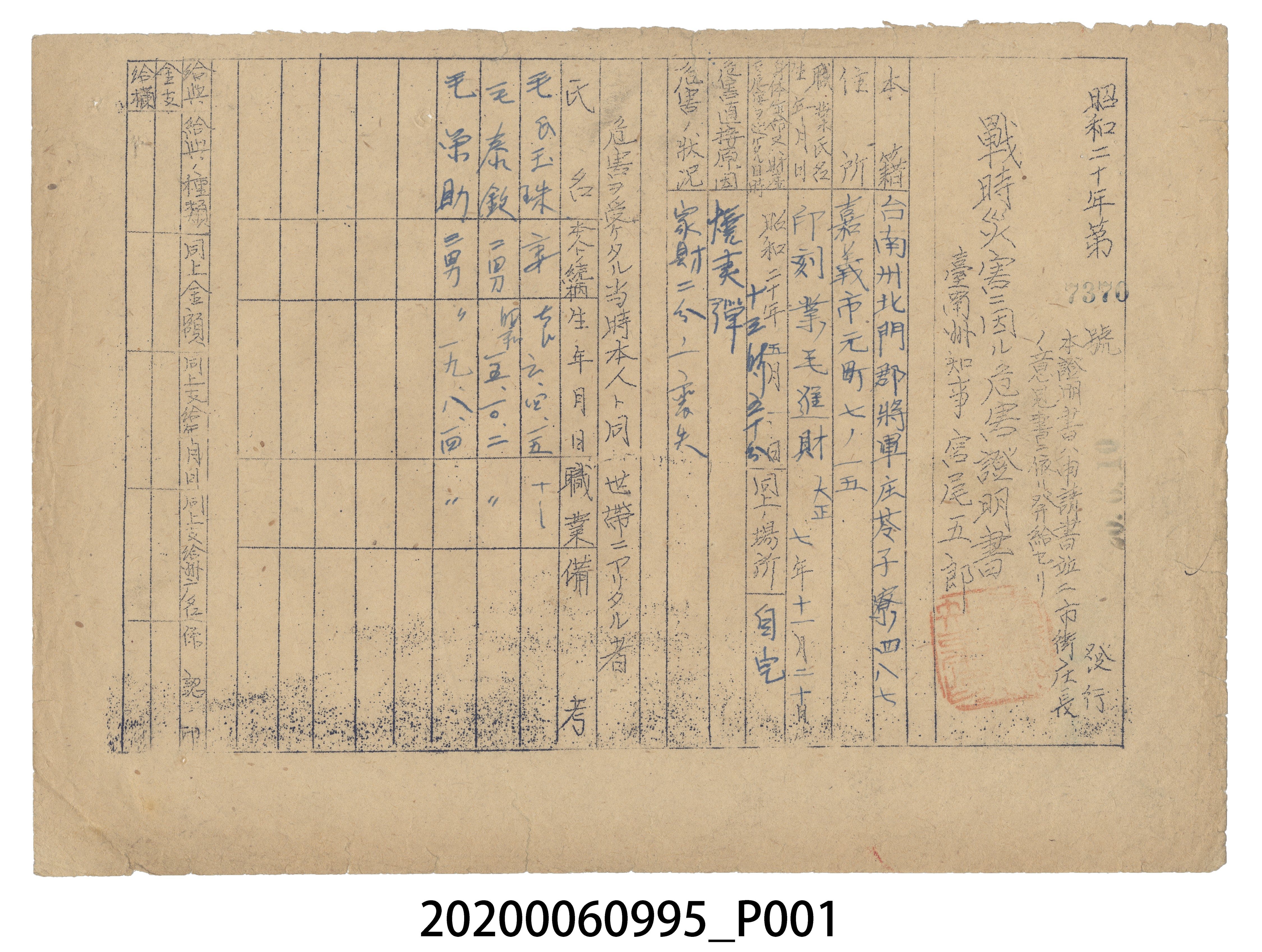 戰時造成的意外災害證明書第7370號（昭和20年6月10日發行） (共3張)