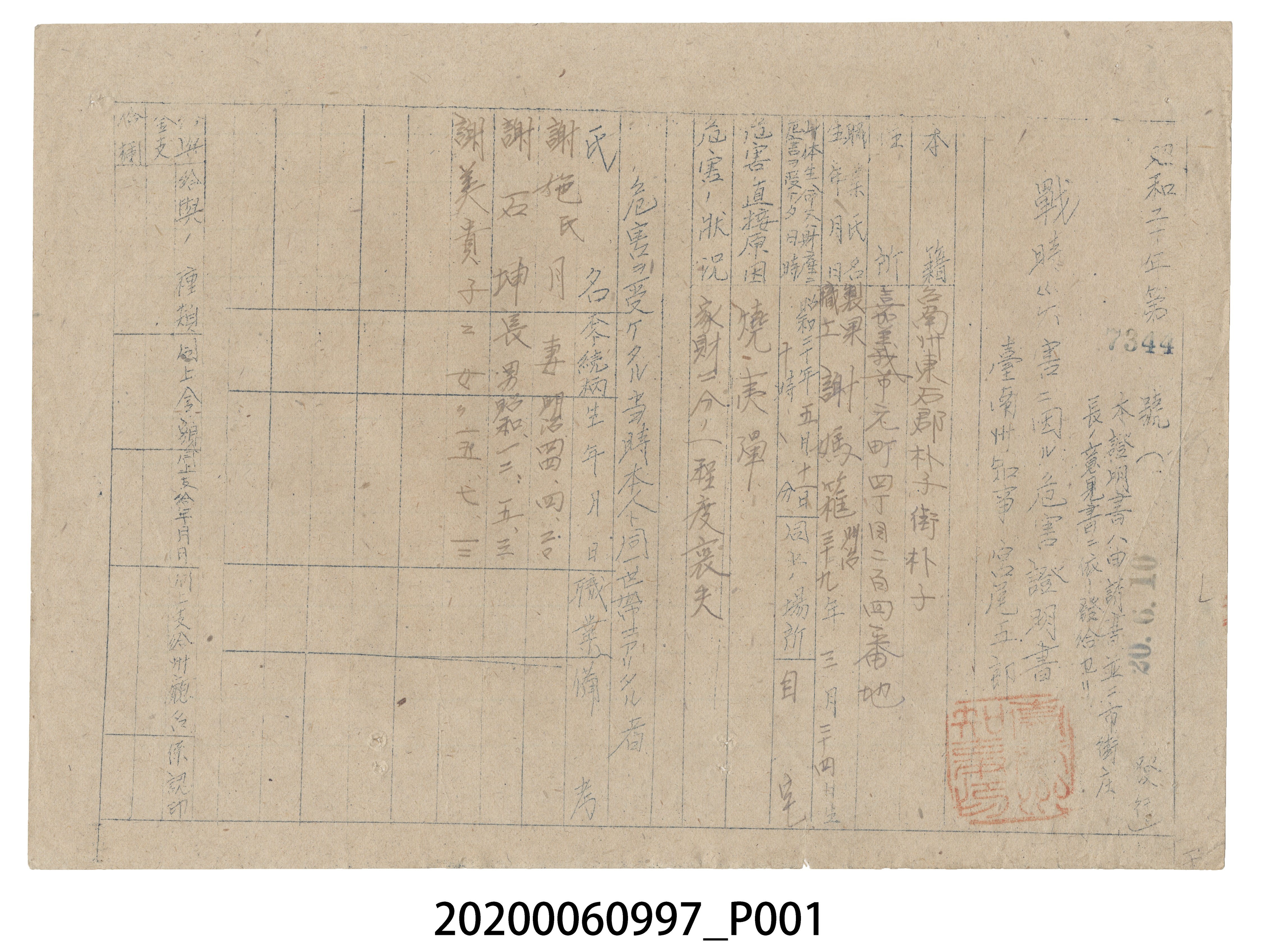 戰時造成的意外災害證明書第7344號（昭和20年5月30日發行） (共4張)