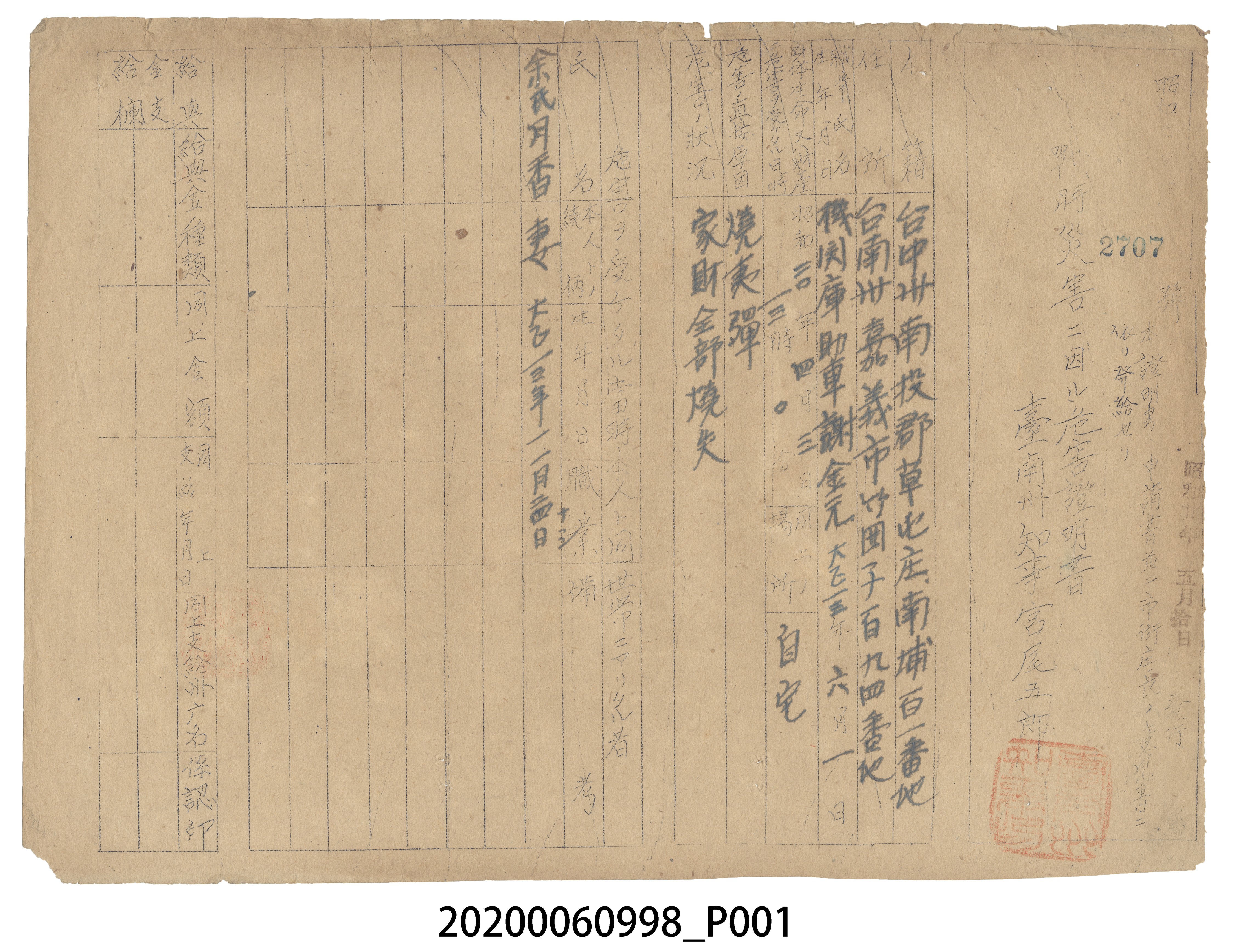 戰時造成的意外災害證明書第2707號（昭和20年5月10日發行） (共3張)