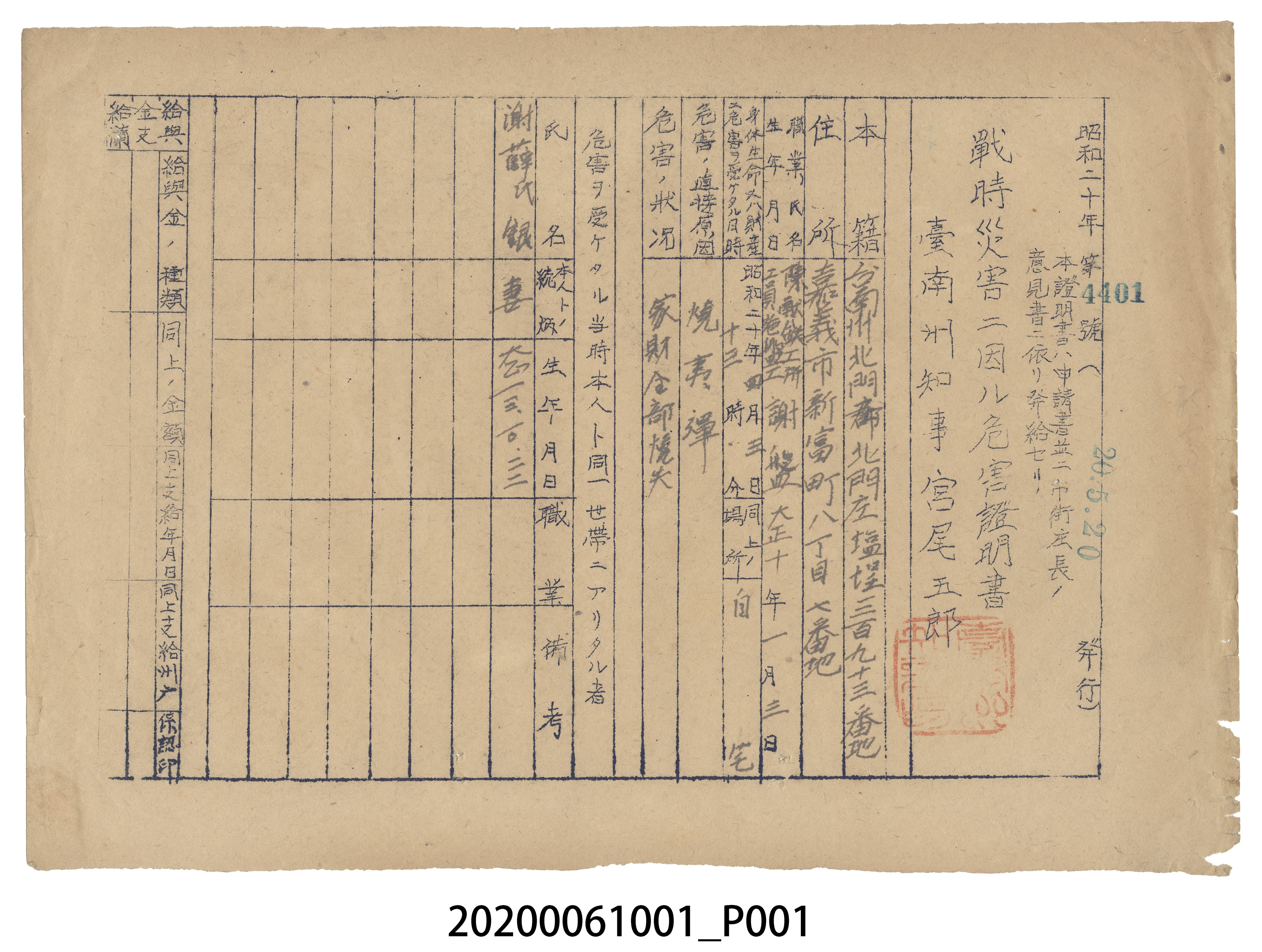 戰時造成的意外災害證明書第4401號（昭和20年5月20日發行） (共3張)