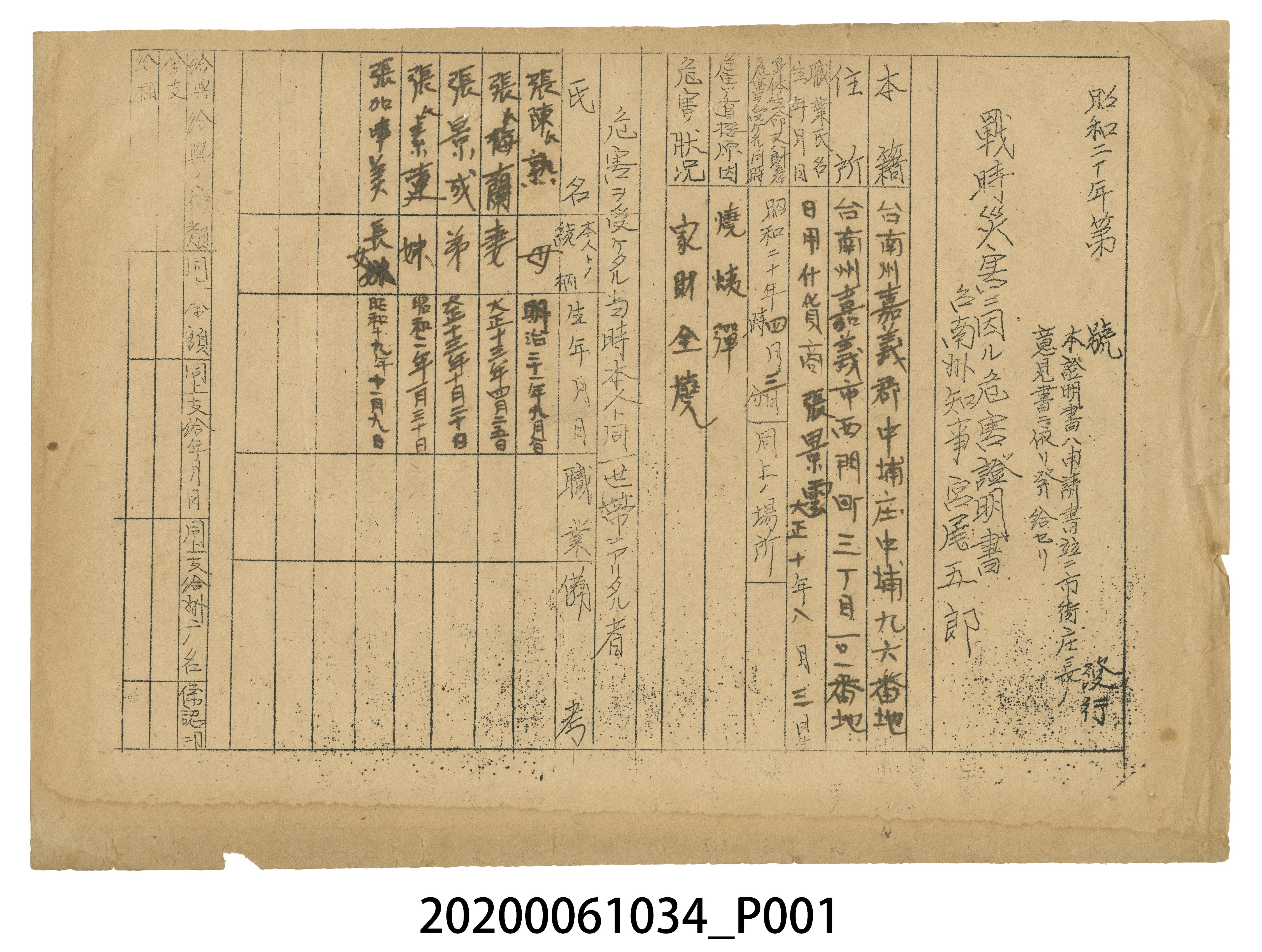 1945年4月3日張景雲家族之戰時造成的意外災害證明書與交付申請書 (共4張)