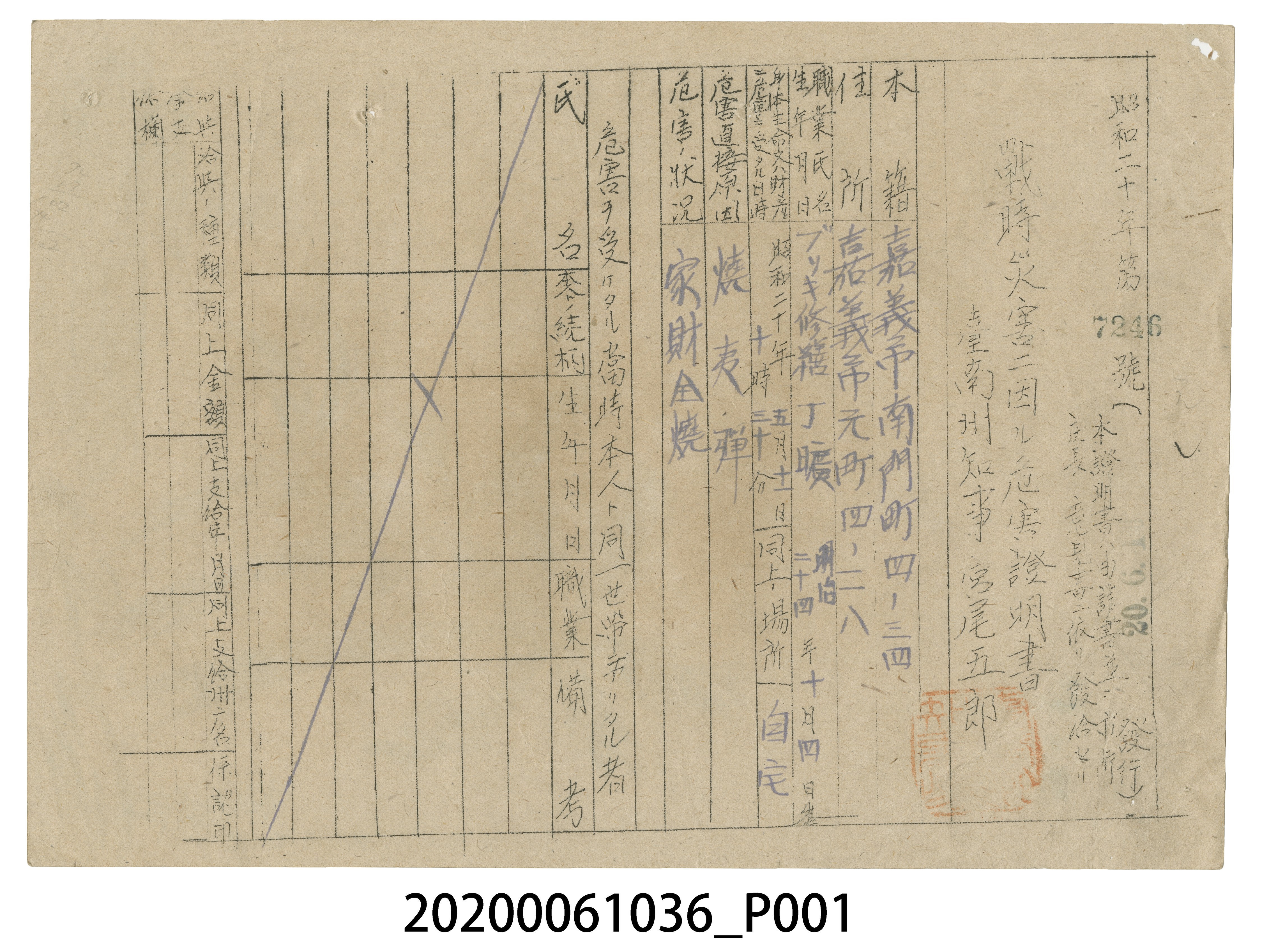 戰時造成的意外災害證明書第7246號（昭和20年6月10日發行） (共4張)