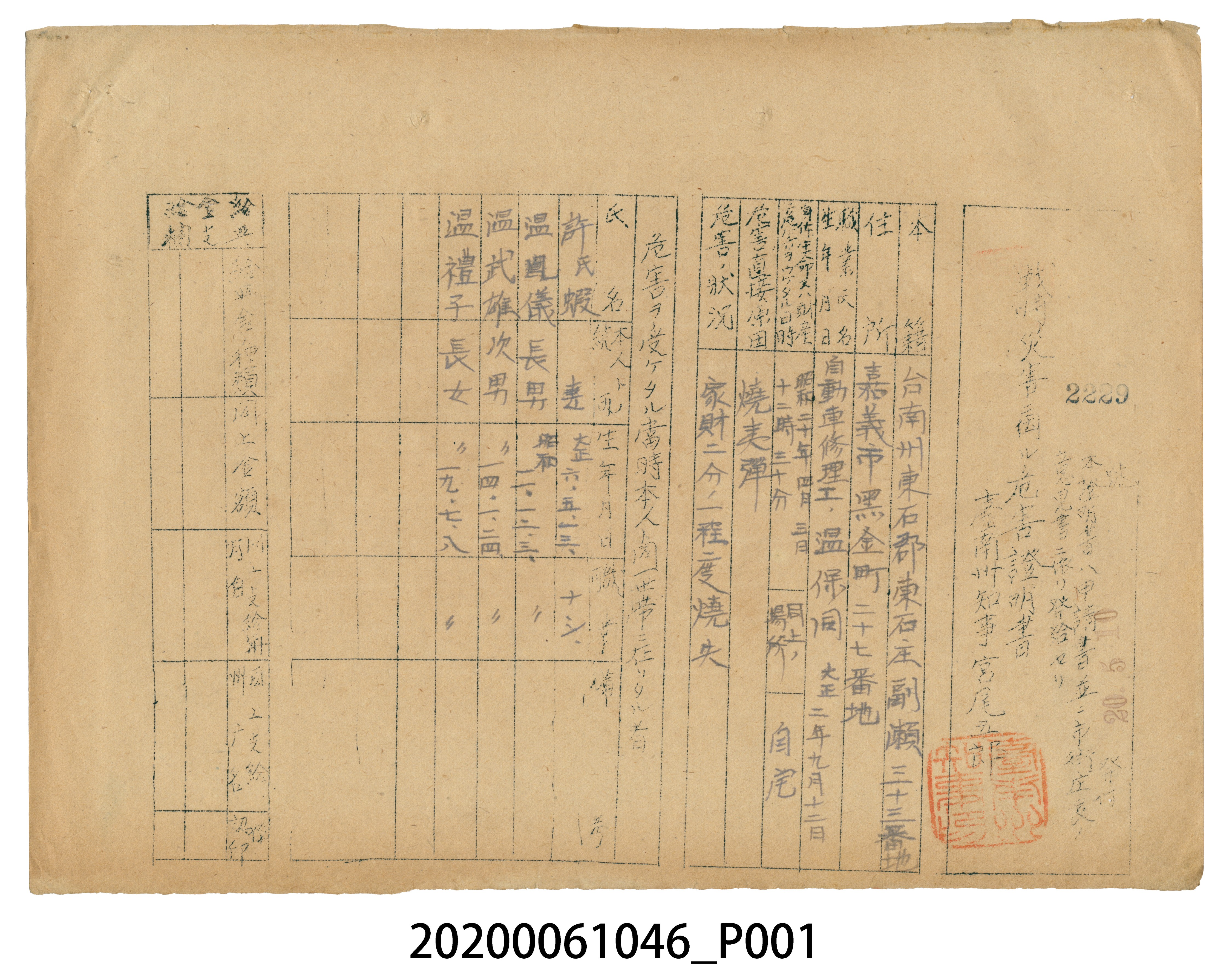 戰時造成的意外災害證明書第2229號（昭和20年5月10日發行） (共3張)