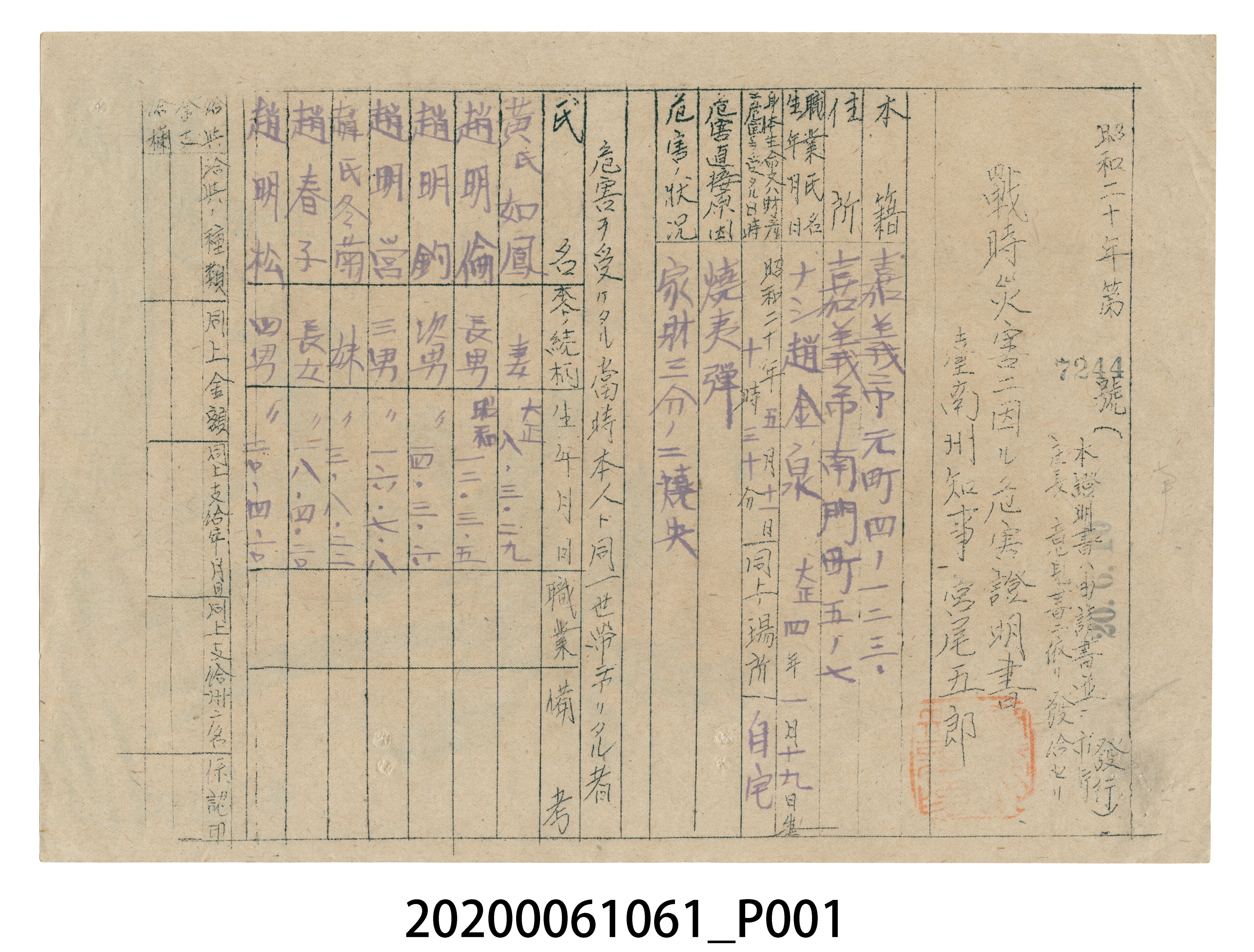 戰時造成的意外災害證明書第7244號（昭和20年6月10日發行） (共4張)