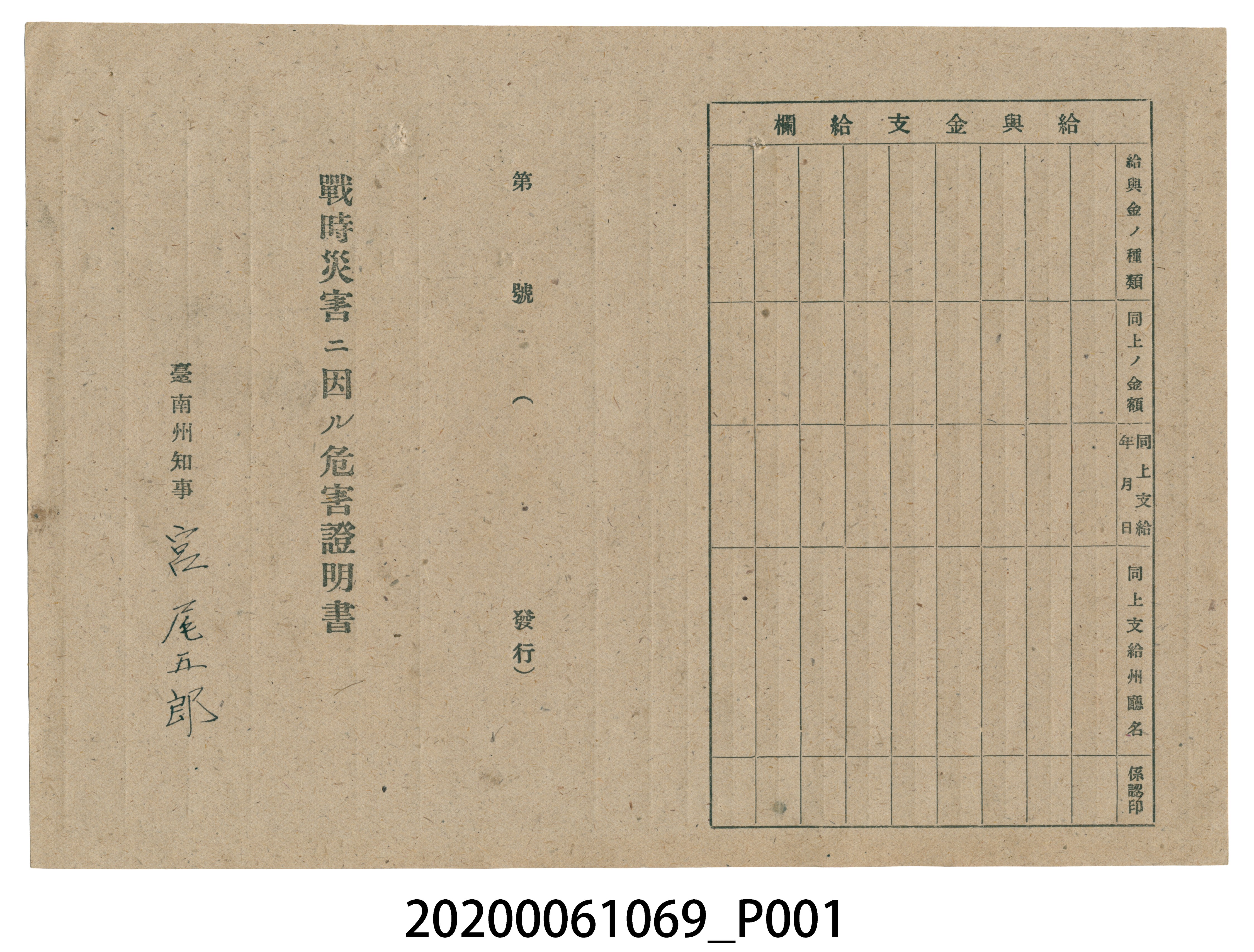 1945年5月1日中村寅吉家族之戰時造成的意外災害證明書與交付申請書 (共5張)