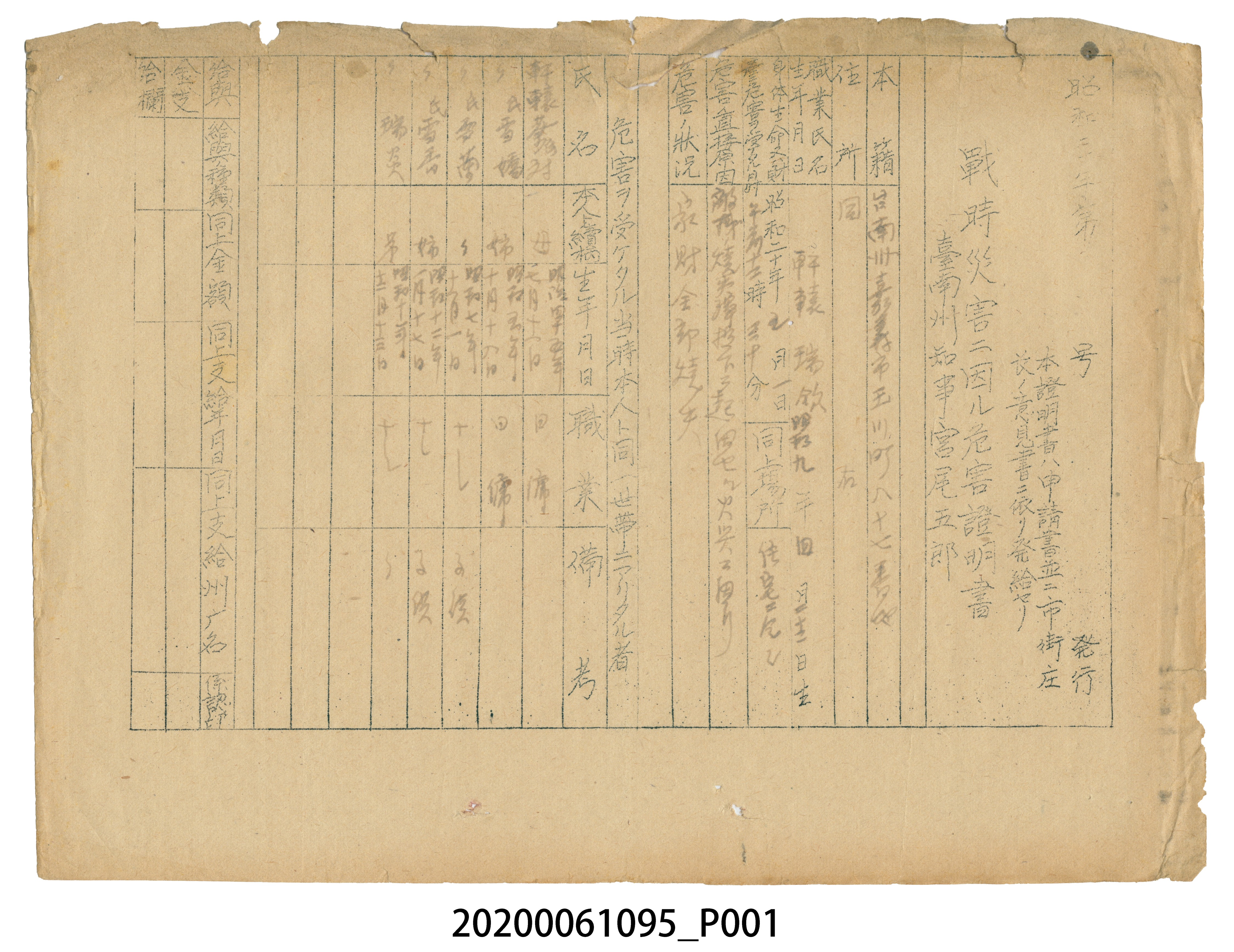 1945年5月30日軒轅瑞欽家族之戰時造成的意外災害證明書與交付申請書 (共4張)