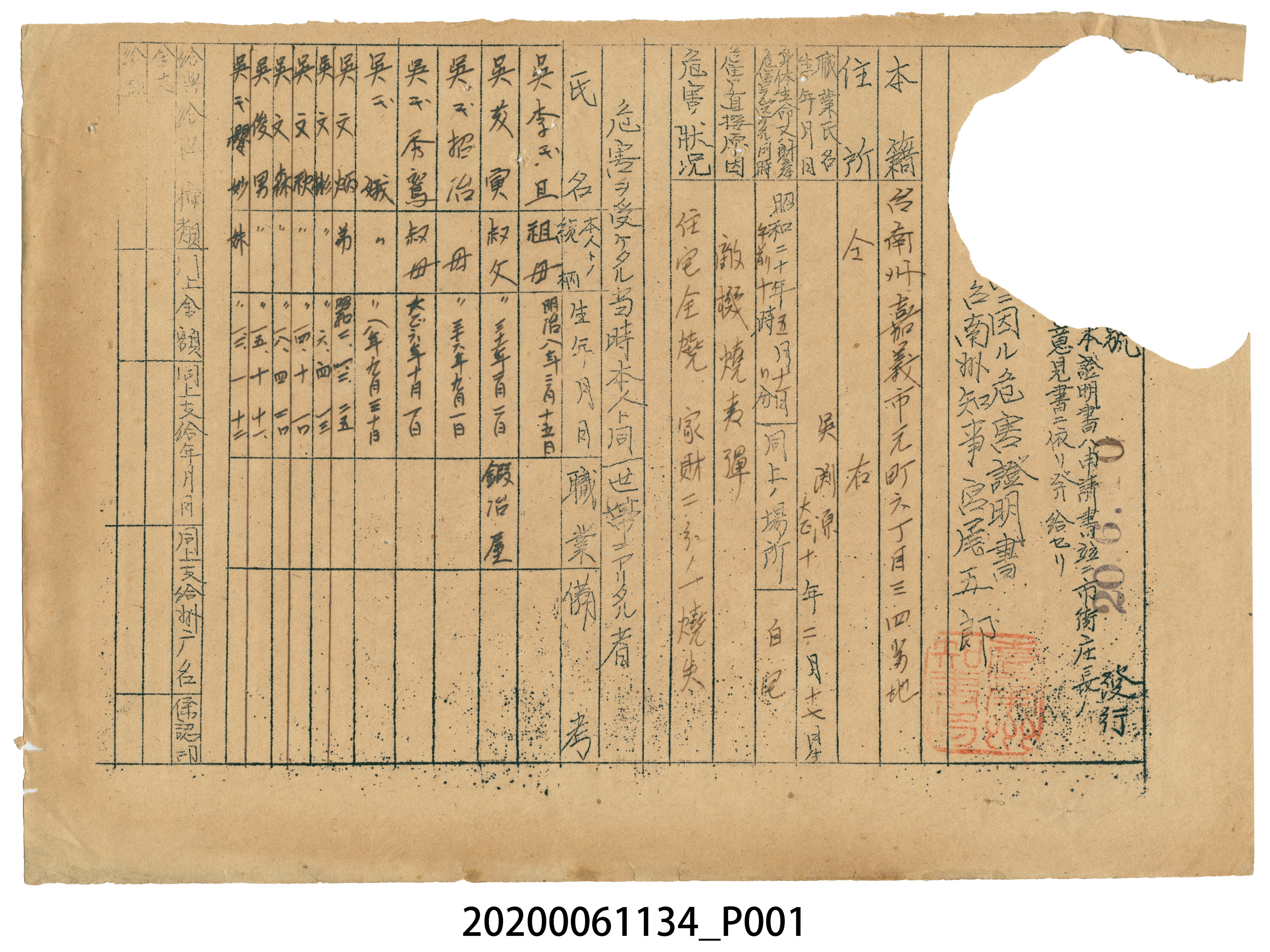 1945年6月10日吳淵源家族之戰時造成的意外災害證明書 (共1張)