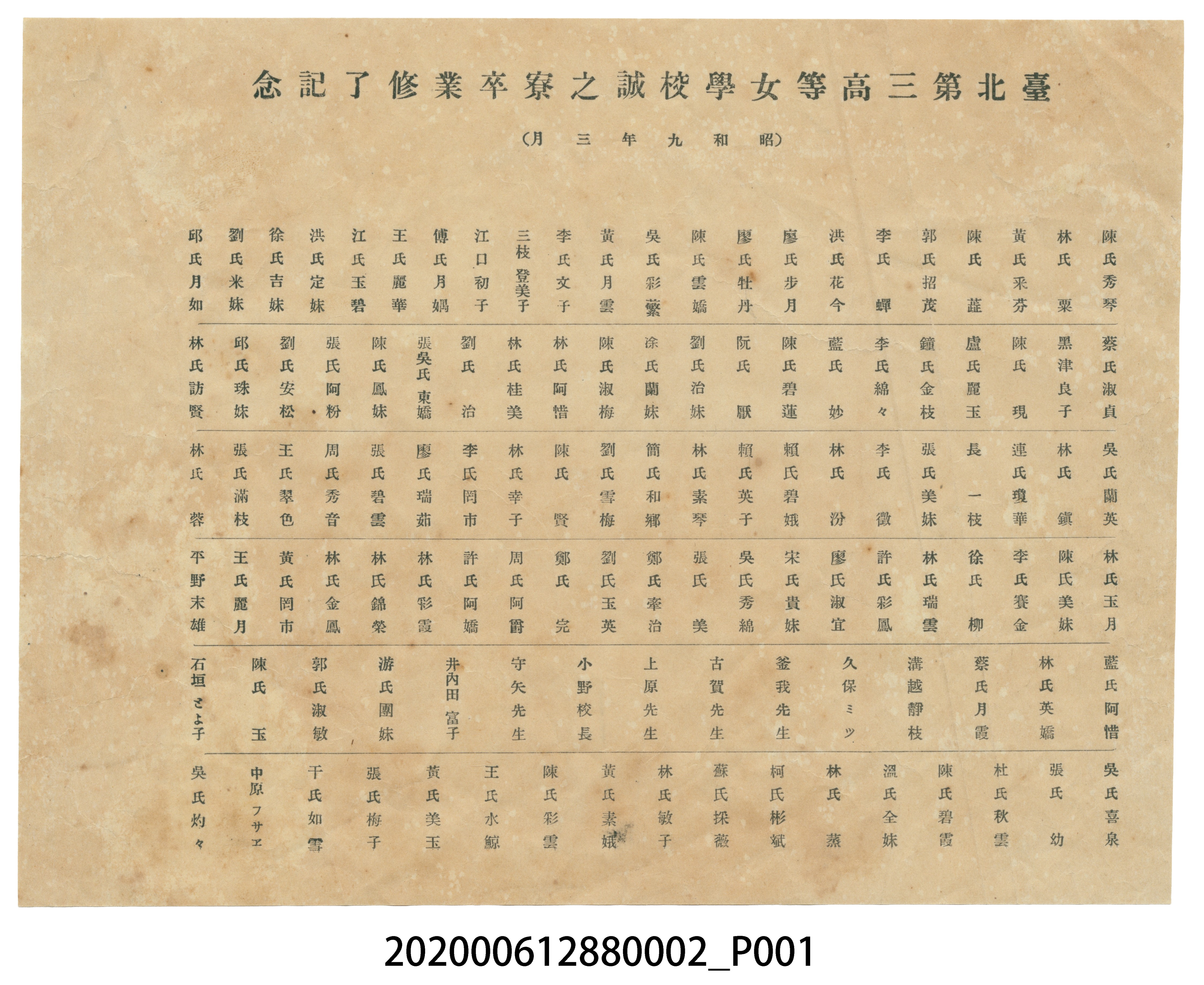 臺北第三高等女學校卒業名單 (共3張)