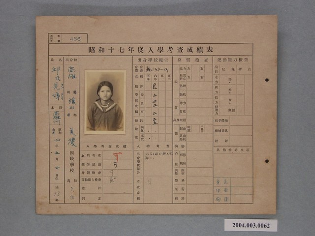 昭和十七年邱見娣入學考查成績表 (共1張)