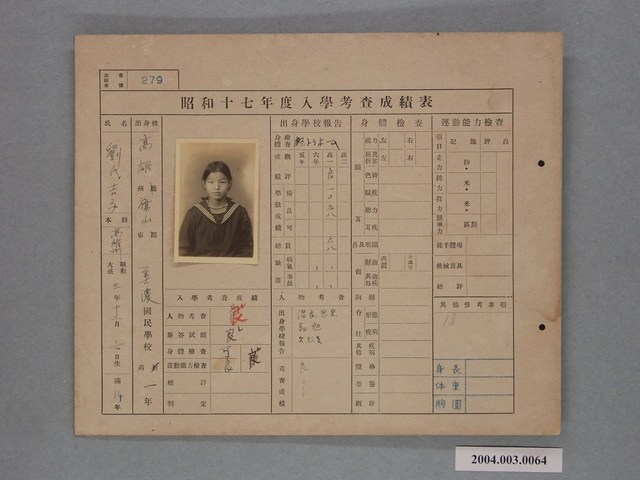 昭和十七年劉吉子入學考查成績表 (共1張)