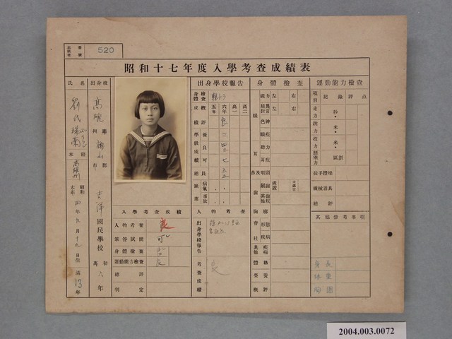 昭和十七年劉瑞蘭入學考查成績表 (共1張)