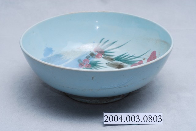 淡藍釉彩繪花卉山水紋碗公 (共2張)