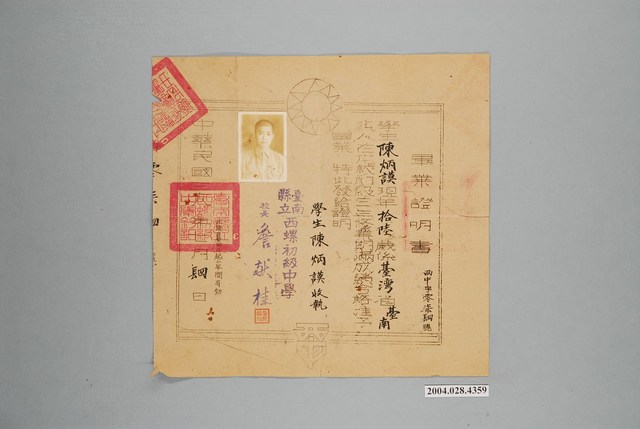 臺南縣立西螺初級中學畢業證明書 (共1張)