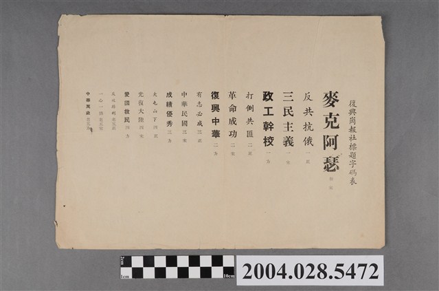 復興崗報社標題字碼表 (共2張)