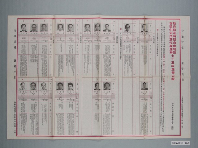 臺灣省臺南市選舉委員會編印《動員戡亂時期自由地區增額中央民意代表選舉七十五年選舉公報》立法委員山胞與職業團體部分第一張 (共2張)
