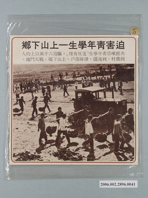 中國大陸災胞救濟總會印行《中國大陸共匪暴行》〈迫害青年學生上山下鄉〉文宣 (共1張)