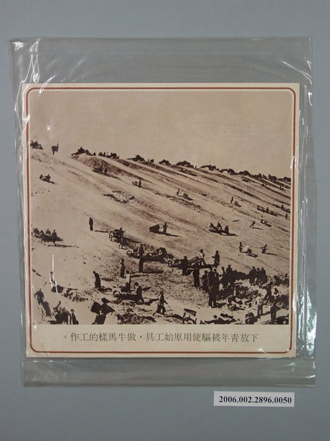 中國大陸災胞救濟總會印行《中國大陸共匪暴行》〈下放青年被驅使用原始工具，做牛馬樣的工作〉文宣 (共1張)