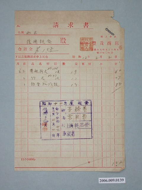 昭和12年嘉義市豐茂商店給水上信用組合請求書 (共1張)