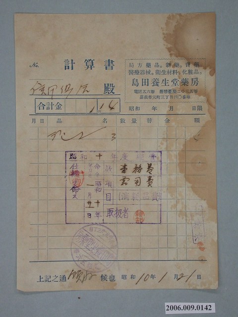 昭和10年嘉義市島田養生堂藥房給水上信用組合之計算書 (共1張)