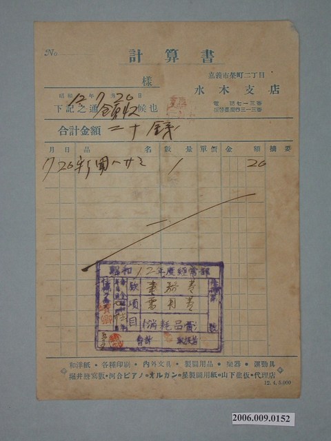 昭和12年嘉義市水木支店給水上信用組合收據 (共1張)