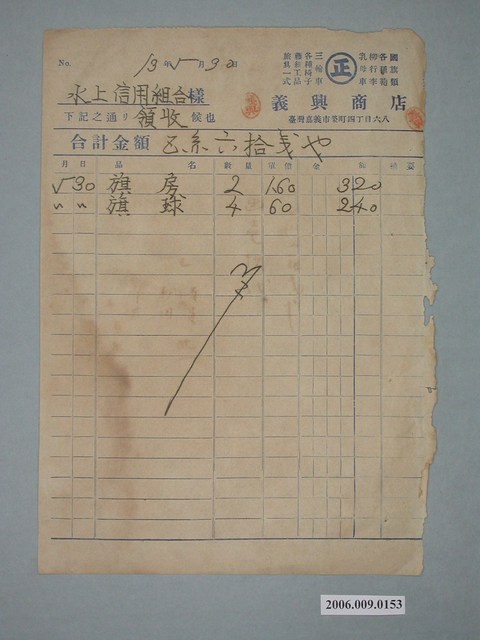 昭和13年嘉義市義興商店給水上信用組合收據 (共1張)