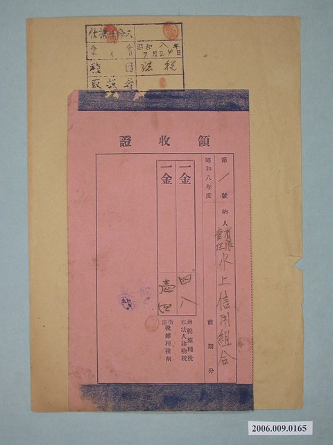 昭和8年水上信用組合繳交州稅雜種稅與私法人建物稅及街庄稅雜種稅割收據 (共1張)