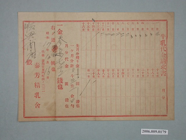 昭和17年臺南泰芳精乳社給順興商店牛乳代金收據 (共1張)