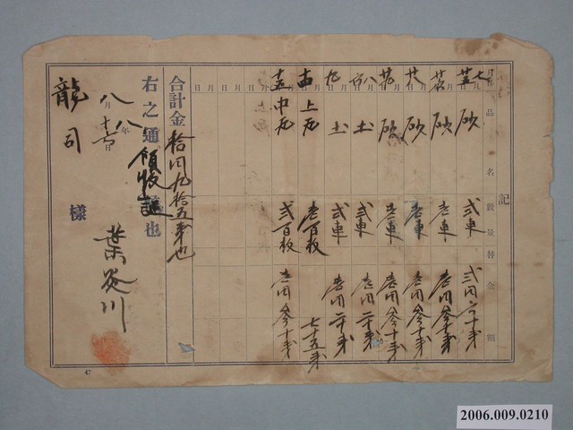 昭和8年葉炎川給龍司收據 (共1張)