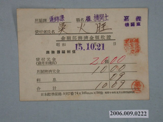 昭和15年鐵道共濟組合給吳火旺收據 (共1張)