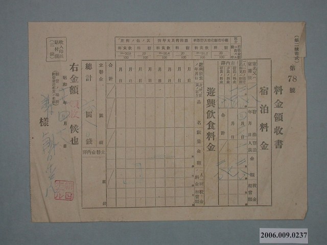 昭和17年朝日飯店給謝龍住宿費與餐費收據 (共1張)