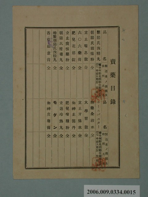 中德大藥房葉朝永賣藥目錄 (共1張)