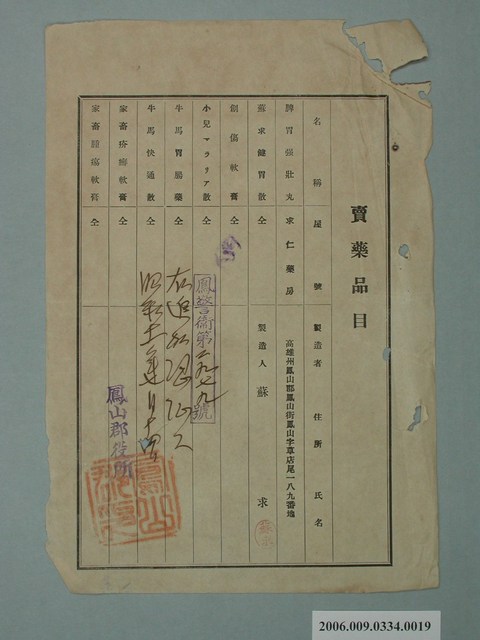 求仁藥房賣藥品目 (共1張)