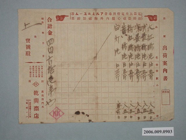 嘉義西門外乾興商店估價單 (共1張)