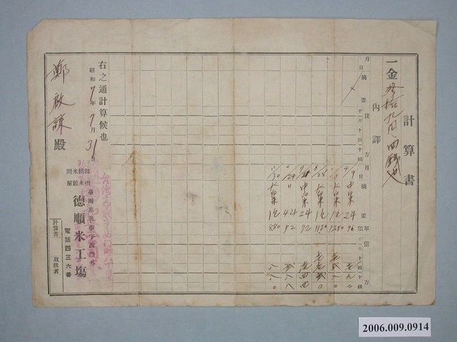 昭和7年嘉義市德順米工塲給鄭啟謙計算書 (共1張)