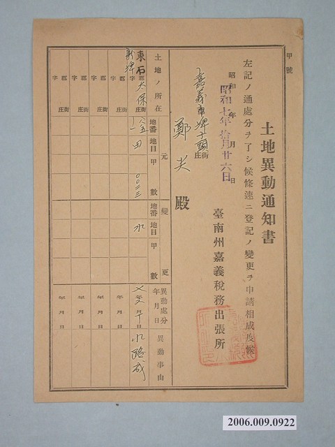 昭和7年臺南州嘉義稅務出張所給鄭炎土地異動通知書 (共1張)
