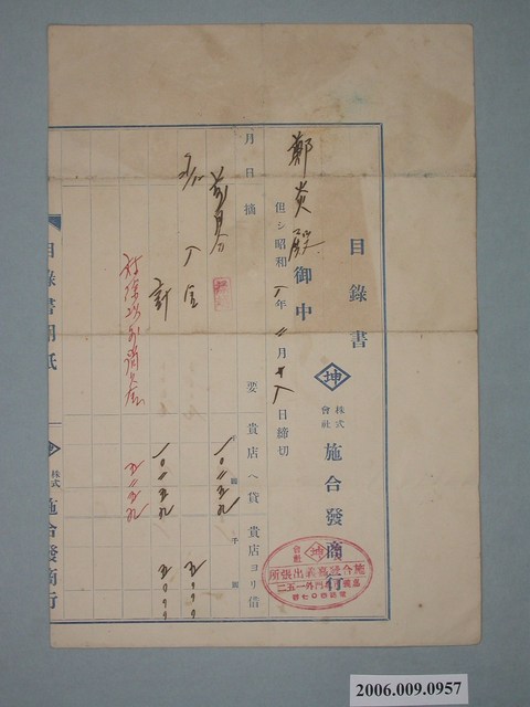 昭和8年坤株式會社施合發商行出張所給鄭炎目錄書 (共2張)