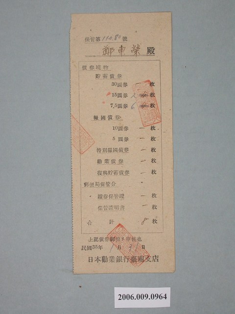 民國35年日本勸業銀行臺南支店給鄭東榮收據 (共1張)