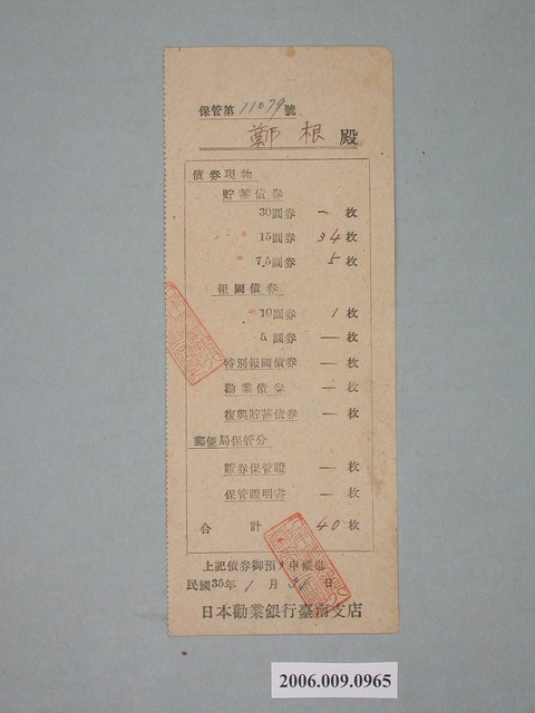民國35年日本勸業銀行臺南支店給鄭根收據 (共1張)