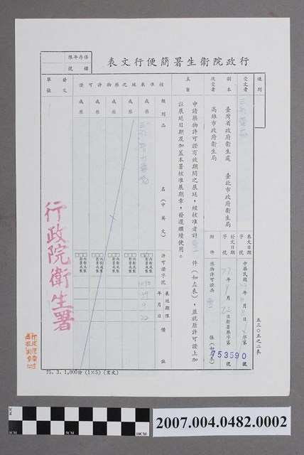行政院衛生署簡便行文表衛署藥字第753590號 (共2張)