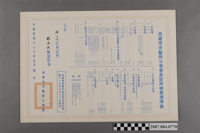 高雄市牙醫師公會會員診所收費標準表 (共2張)