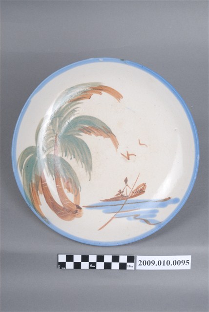 手繪彩釉椰樹小船圖圓盤 (共4張)