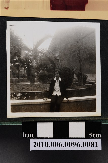 一女子坐於水池矮池牆獨影之照片 (共2張)