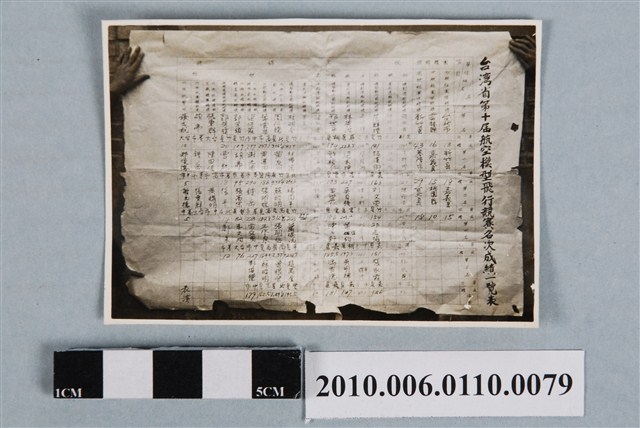 台灣省第十屆航空模型飛行競賽名次成績一覽表照 (共2張)