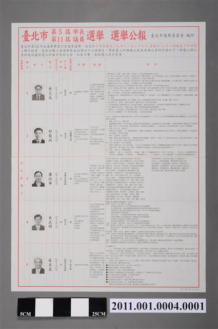 臺北市選舉委員會編印《臺北市第5屆市長、第11屆議員選舉選舉公報》第1張 (共2張)