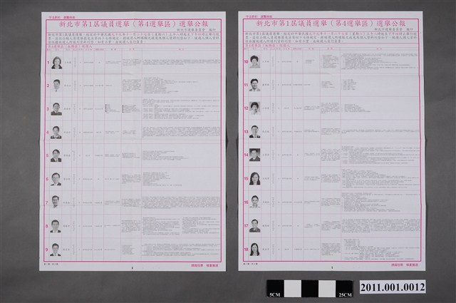 新北市選舉委員會編印《新北市第1屆議員選舉（第4選舉區）選舉公報》 (共2張)
