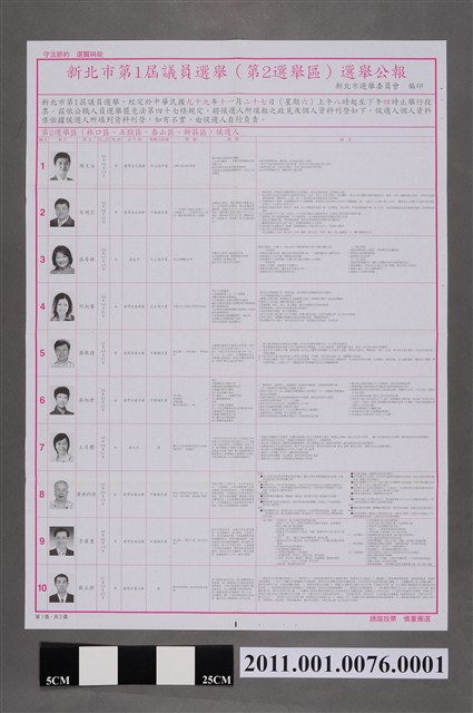新北市選舉委員會編印《新北市第1屆議員選舉（第2選舉區）選舉公報》第1張 (共2張)