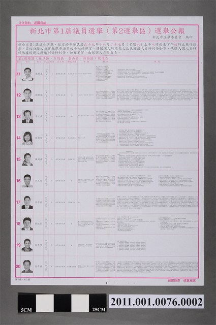 新北市選舉委員會編印《新北市第1屆議員選舉（第2選舉區）選舉公報》第2張 (共2張)