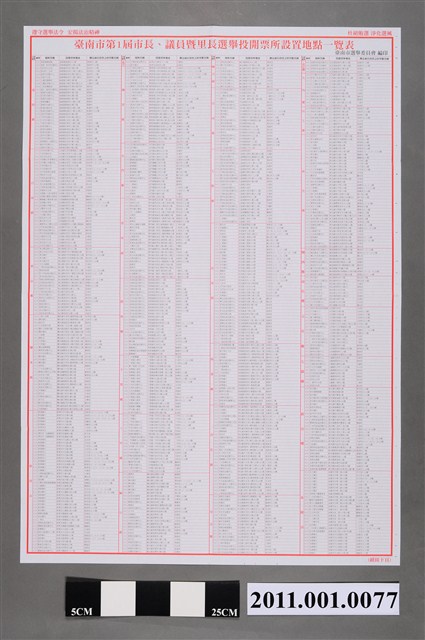 臺南市選舉委員會編印《臺南市第1屆市長、議員暨里長選舉投開票所設置地點一覽表》 (共2張)
