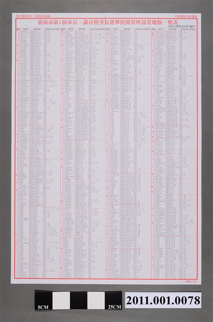臺南市選舉委員會編印《臺南市第1屆市長、議員暨里長選舉投開票所設置地點一覽表》 (共2張)